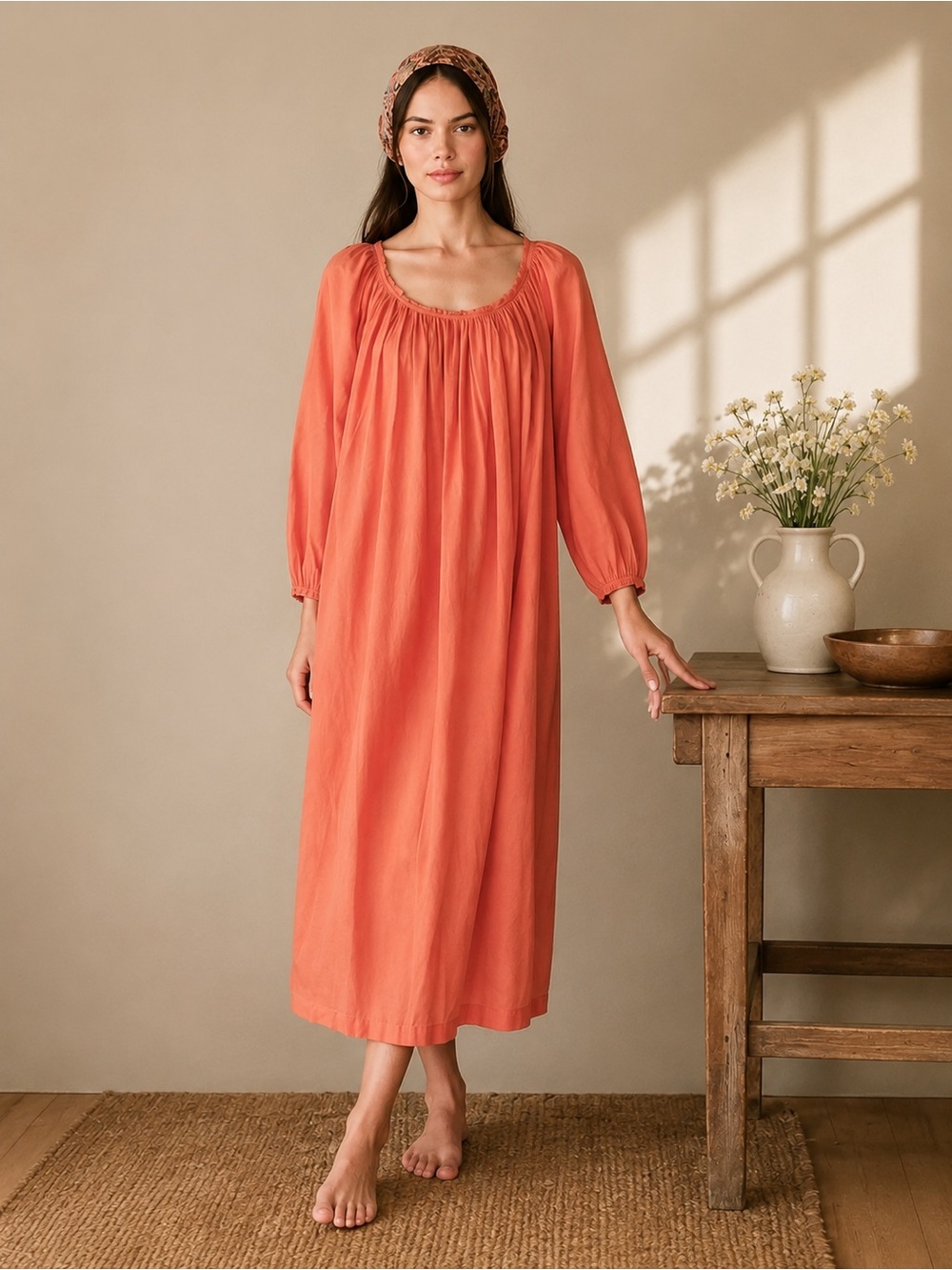 Doen Coral Orange Long Puff Sleeve Chemise